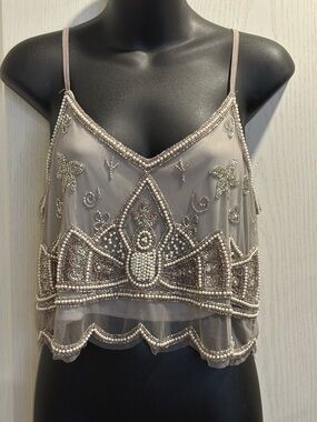 Beaded Taupe Mesh Cami Top - festival wear!!